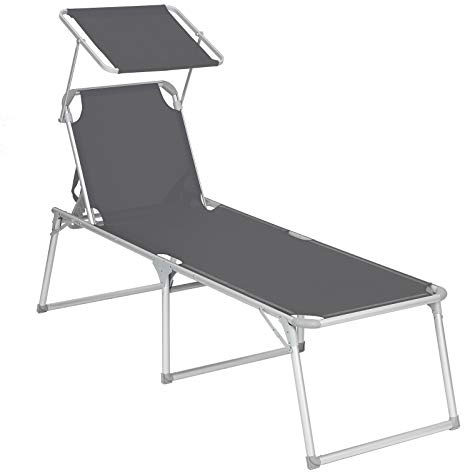 SONGMICS Sonnenliege mit Dach, Liegestuhl, Gartenliege, Aluminium, groß, 65 x 200 x 48 cm, bis 150 kg belastbar, Rückenlehne verstellbar, klappbar, Garten, Balkon, Terrasse, grau GCB26GY