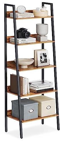 VASAGLE Bücherregal, Leiterregal 5 Ebenen, schmales Regal, offenes Standregal für Arbeitszimmer, Wohnzimmer, Schlafzimmer, Küche, Industrie-Design, vintagebraun-schwarz LLS067B01