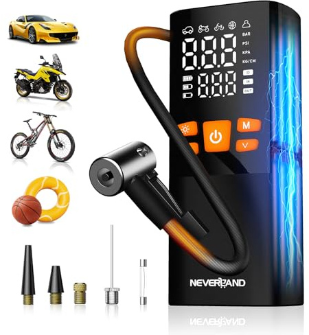 NEVERLAND Elektrische Luftpumpe Akku Kompressor, 16000mAh | 10,3Bar/150 PSI, mit Auto-Stopp, Manometer, LED-Licht & Powerbank, für Auto, Motorrad, Fahrrad und Bälle