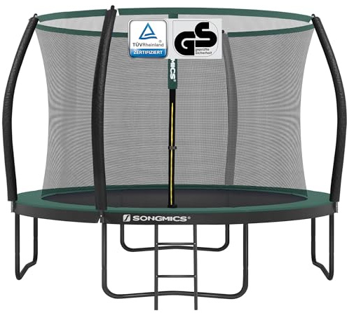 SONGMICS Trampolin 305 cm d, Gartentrampolin für Kinder mit Sicherheitsnetz, 180 cm hohe gebogene Stangen, Randabdeckung, Leiter, Stahlrahmen, schwarz-dunkelgrün STR102C01