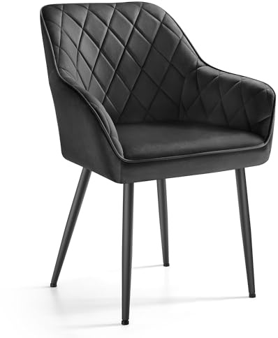 SONGMICS Esszimmerstuhl, Samt, Polsterstuhl mit Armlehnen, Metallbeine | Küchenstuhl, Loungesessel, bis 120 kg belastbar, für Küche, tintenschwarz-mattschwarz, TYRA Kollektion LDC088B01
