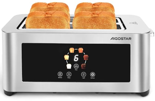 Aigostar Toaster 4 Scheiben, LED-Touchscreen, Toaster Langschlitz, 4 cm extra breite Toastschlitze & Brotzentrierung, 6 Bräunungsstufen, Auftau-, Aufwärm- & Stoppfunktion, 1400W, Edelstahl matt