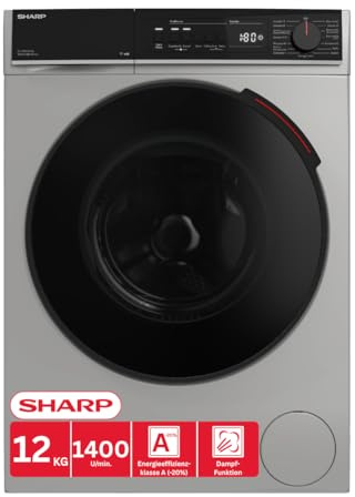SHARP ES-PRO214SA-DE Waschmaschine Frontlader, 12kg, 1400U/min, Smarte Bedienung durch Veezy App, Dampffunktion, Inverter, 15 Programme, AquaStop, Silber