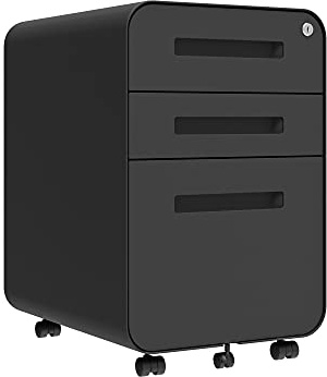DeHong Rollcontainer Metall, Mobiler Aktenschrank Büroschrank mit 3 Schubladen Bürocontainer, abschließbares und verstellbares Hängeregister, vormontiert, Büro, Home Office (Modern, Schwarz)
