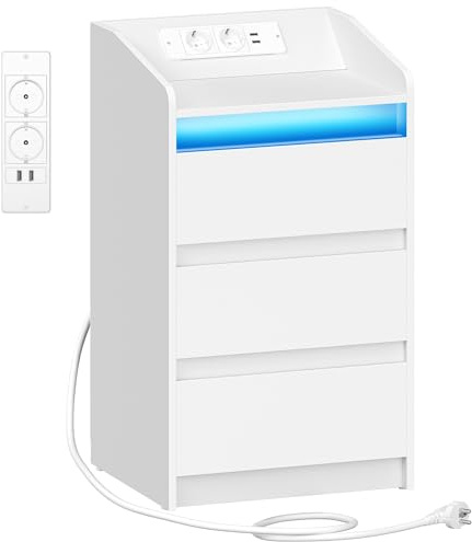 Hzuaneri Nachttisch mit 3 Schubladen, Beistelltisch mit Ladestation und LED, 2 AC-Steckdosenund 2 USB-Anschlüsse für Schlafzimmer, Wohnzimmer, Weiß NS40003X