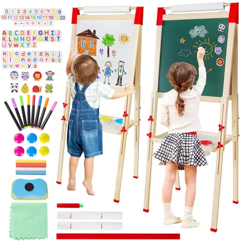 Kinder Staffelei Holz Kindertafel mit Papierrollenhalter Doppelseitige Kinder Spiel-Tafel aus Holz Kreidetafel und Whiteboard für Jungen Mädchen