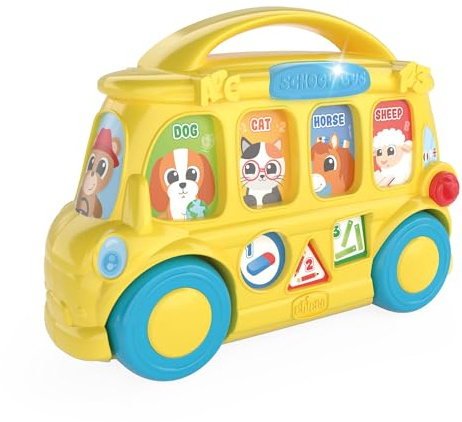 Chicco Schulbus, Spielzeug-Schulbus, zweisprachig, mit 7 interaktiven Tasten, 3-Positionen-Hebel, spielt über 35 Lieder, Sätze und Melodien ab, für Kinder von 9 bis 36 Monaten geeignet.