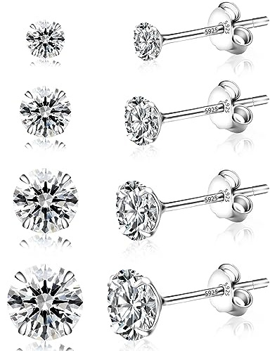Yiorxu 4 Paar Ohrringe Silber 925 für Damen, Ohrstecker Silber 925, 5A+ Zirkonia, Größe: 3/4/5/6 mm, Hypoallergenes Ohrringe Set, Anti-Oxidation, Elastische Verpackung