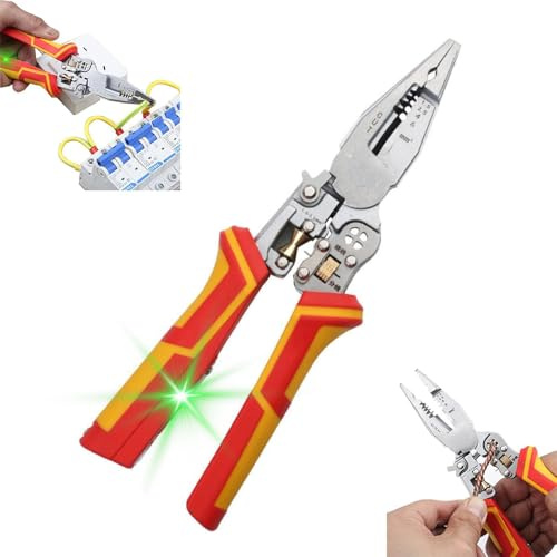 Abisolierzange mit Strommessfunktion, 9 in 1 Zange Elektriker, Multifunktionszange für Elektriker, Multifunktionale Abisolierzange, Spannungsprüfer Zange Kabelschere zum Abisolieren,Wickeln,Spalten