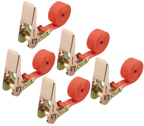 5 Stück Spanngurte mit Ratsche, Orange Spanngurte 2mx25mm mit 900kg Tragkraft Verstellbarer Ratschengurt Set, Zurrgurte mit Ratsche Ladungen einfach sichern, Ratschengurte nach DIN EN 12195-2