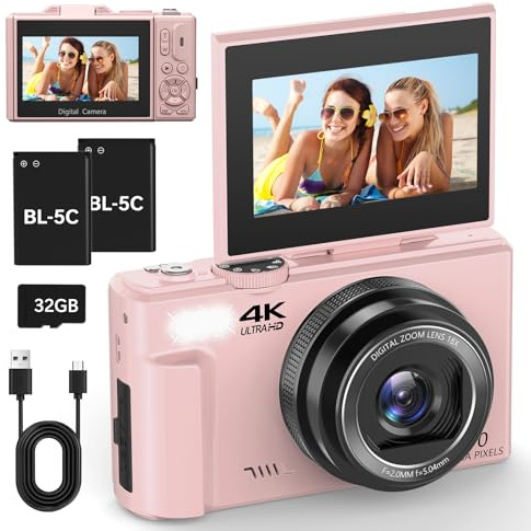 4K Digitalkamera 64MP Kompaktkamera Fotokamera mit Flip Screen Autofokus Vlogging Fotoapparat für einsteiger, 16X Digitalzoom, mit 32GB Karte, 2 Batterien,pink