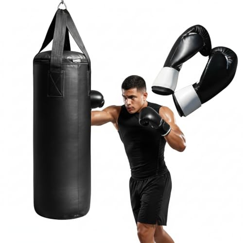 Melko Boxsack 9 Kg Sandsack inkl. Boxhandschuhe + Aufhängung, schwarz, ca. 60 x 25 cm (L x Ø)
