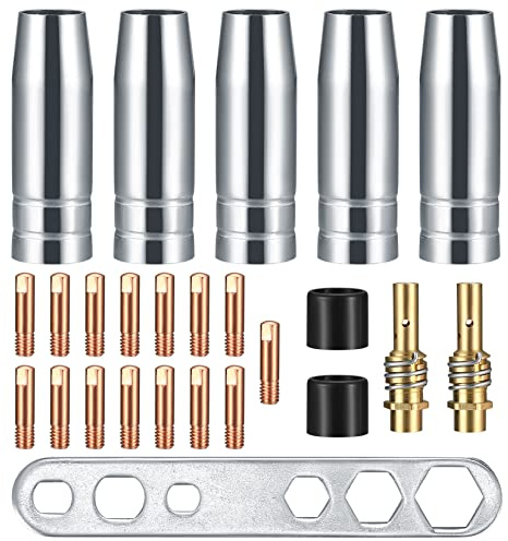 25 Stück Verschleißteile Set, Schutzgasschweißgerät Zubehör, Schweißzubehör passend AK-15/MB-15, 5 x Gasdüsen, 15 x Powerdüsen M6 0,8 mm, 2 x Düsenstiel, 2 x Isolatoren, 1 x Schraubenschlüssel