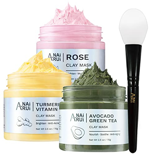 ANAiRUi Kurkuma Vitamin C Tonerde Maske - Rose Gesichtsmaske -Avocado Grüner Tee Schlamm Maske, SPA Gesichtsmasken Set für Tiefenreinigung, Ölkontrolle, 210g