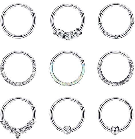 JeweBella 9PCS 16G Nasenpiercing Chirurgenstahl für Damen Hoop Septum Piercing CZ Opal Nasenring Piercing Set Knorpel Helix Piercings Ohrringe Tragus Piercing Silber Lippen Nase Ringe Daith Piercing