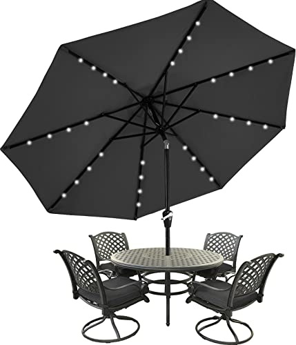 MasterCanopy 270 cm Sonnenschirm neigungsverstellbar, mit 32 Solar-LED, 8 Rippen und Kurbel, für Patio, Garten, Terrasse, Markt, Anthrazit