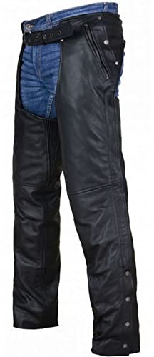 Dream Apparel Motorrad-Reitchaps aus schwarzem Leder für Herren und Damen, mit Futter und vier Taschen, Cowboy-Biker-Chaps Hose