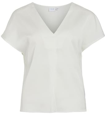 Vila Damen Viellette V-Neck S/S Satin Top-Noos Kurzarmbluse 14089239,Snow White,42