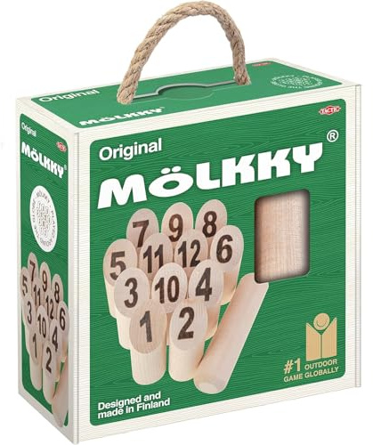 Mölkky Go - leichtes Birkenholz, 12 Skittles, 1 Stock mit Karton - Wurfspiele für Draußen, Garten, Picknick, Strand, Freizeit, Party - Mölkky Spiel für Familie, Gruppen