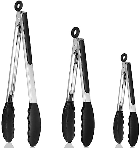 Royouzi Küchenzange Hitzebeständige Kochzange 3er Set Verdickter Edelstahl | BPA-freie Silikonspitzen, Kratzfreie Kochzange Großartig zum Backen Grillen, 18cm,23cm und 30,5cm, Schwarze