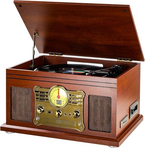 Plattenspieler Bluetooth mit Stereolautsprechern, Support Vinyl-to-MP3 Recording Konverter mit CD, Kassettenspieler,FM, Aux-In und Kopfhörerbuchsen