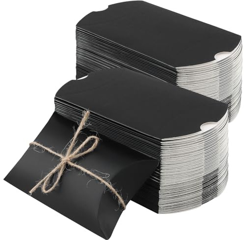KEILEOHO 150 Stück Kissenschachtel Kraftpapier Schwarz mit Juteschnur, 13 x 8,8 x 3,5 cm Kleine Kissen Geschenkboxen für Hochzeit, Geburtstag, Festival, Party