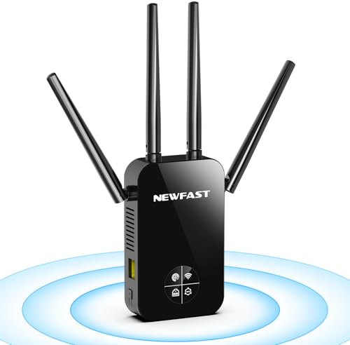 NEWFAST WLAN-Verstärker 2026, 1200 Mbit/s Dualband WiFi Repeater mit WPS, 4 Schwenkbare Antennen, Ethernet-Port, Internet Verstärker Kompatibel mit Allen WLAN Geräten
