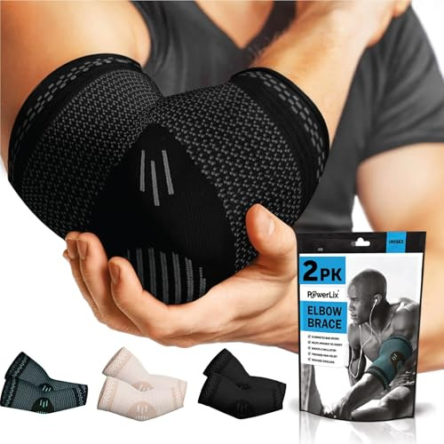 POWERLIX Ellenbogenbandage 2 Stücke, Kompression Ellenbogen Bandage für Damen & Herren, für Tennisarm, Golferarm, Sport, Arthritis, Sehnenentzündung, Gelenkschmerzen, Schwarz, L