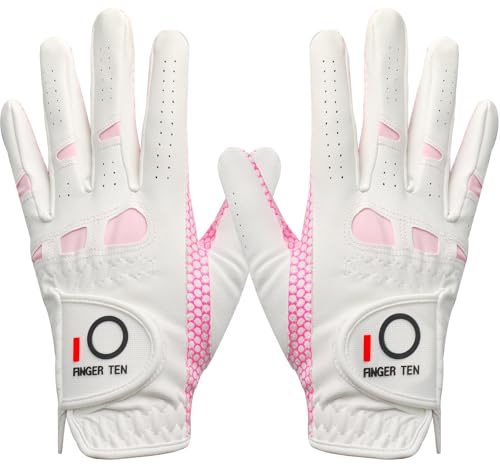 LOVMEAD Golfhandschuhe Damen Leder Linke Rechte Hand Paar, Extra Allwetter Griff 3D Performance Golf Handschuh Sommer Links Rechts rutschfest Weicher Komfort S M L XL(Rosa 1Paar, M)