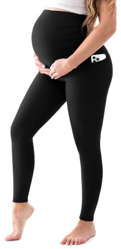 Walifrey Women's Maternity Leggings with Pockets，High Waist Opaque Comfortable Pregnancy Black Leggings M