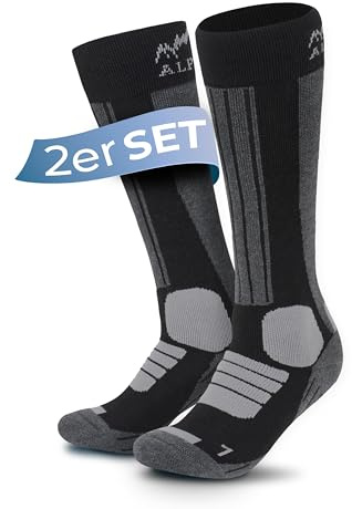 Alpenwert MERINO Skisocken [2 PAAR] für Herren, Damen und Kinder, 35-38, 39-42, 43-46, 47-50 warme Skistrümpfe, Wintersocken, Skifahren, Snowboarden - Farben: Grau/Schwarz, Türkis, Orange/Blau
