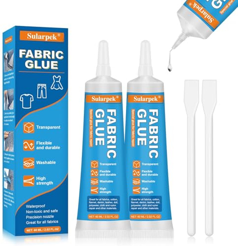 Sularpek 2 * 60 ML Textilkleber, Transparenter Stoffkleber, Waschmaschinenfest Permanenter Kleber für Stoffe, Textilkleber Extra Stark für Alle Stoffe, Baumwolle, Denim, Flanell, Polyester