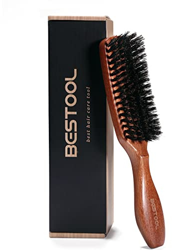 BESTOOL Haarbürste, Wildschweinborsten Bürste für Damen Herren Kinder zum Entwirren & Stylen, Naturborsten Bürste für dünnes, feines Haare, Bartbürste, Griff aus schwarzem Walnussholz