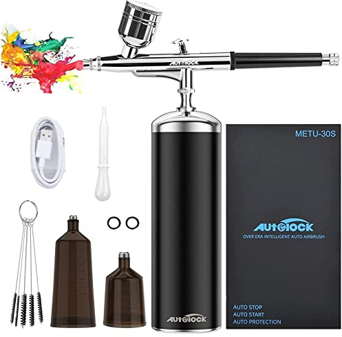 Autolock Airbrush, Spritzpistole Set 30PSI mit Kompressor, Tragbares Airbrush-Kit und Wiederaufladbares Hand-Airbrush-Set, für Schminke, Kuchendekoration, Modellfärbung, Nagelkunst, Täto
