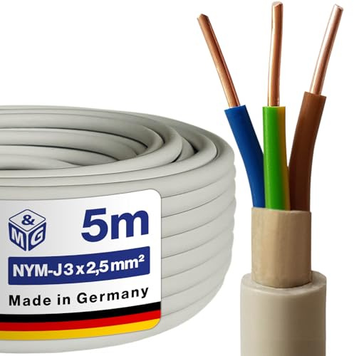 M&G Techno NYM-J 3x2,5 mm² Stromkabel 3 Polig NYM Kabel 3 adrig Mantelleitung Erdkabel Elektrokabel Feuchtraumkabel elektrische Leitung 5m