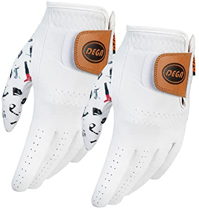 DEGA Herren-Golfhandschuhe, weiches Cabretta-Leder, Abnutzungsspuren an der linken Hand, Charismatischer Daumen, Aufdruck (M/L, Golf Iconic)