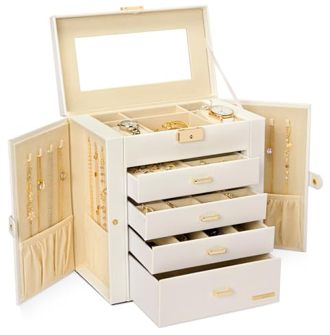 Seelux Schmuckkoffer Schmuckkasten mit fünf Fächern und Seitenklappen Schmuckkästchen Abschließbar für Armbänder, Ohrringe, Ringe, Halsketten(Weiß + Gold)