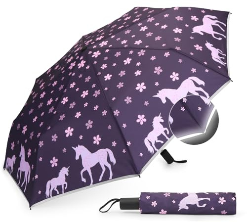 MorLuks Regenschirm Kinder reflektierend, Taschenschirm mit Reflektorband, Regenschirm kinder für schulranzen, für Mädchen & Jungen(Pferde)