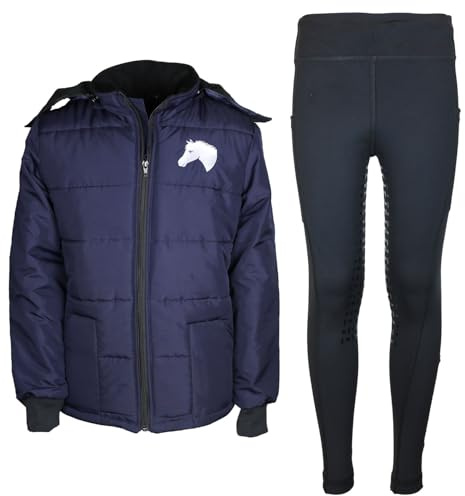 MS-Trachten Kinder Reitset Reitjacke Mia Dunkelblau gesteppt Fleecefutter mit Silikon-Vollbesatz Reitleggings Schwarz