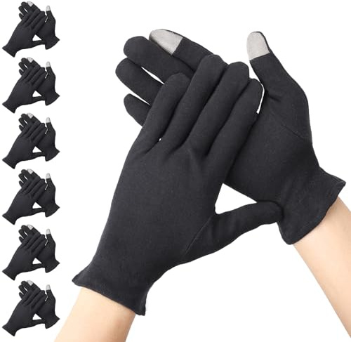 Segbeauty Baumwollhandschuhe mit Touchscreen, 6 Paar Handschuhe Schwarz, Feuchtigkeitshandschuhe mit Elastischem Armband, für Handpflege (M)