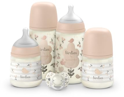 Suavinex, Babyflaschen-Set für Neugeborene, Geschenkset mit: 2 Flaschen 270 ml + 2 Flaschen 150 ml + Schnuller für 0 bis 6 Monate, physiologische SX Pro Silikon-Sauger, 5-tlg., +0M, Birdies Rosa