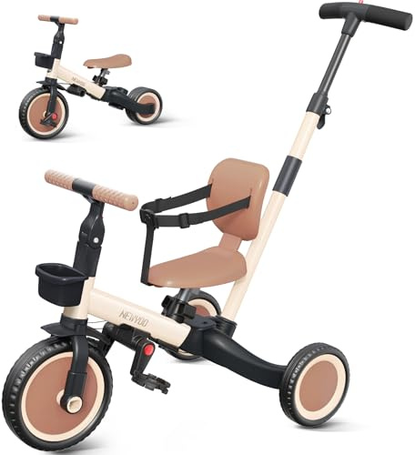 newyoo Kleinkinder-Dreirad mit Schiebegriff, Kleinkinderfahrrad,Geburtstagsspielzeug für Jungen und Mädchen, 5-in-1-Kinderdreirad