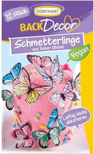 Günthart BackDecor 12 bunte Schmetterlinge aus Oblaten, in verschiedenen Farben und Größen, 3D Schmetterling Effekt | 100% VEGAN, 1er Pack (1 x 5 g)