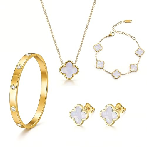 Generisch 18K Vergoldet Vierblättriges Kleeblatt Armband,18K Vergoldet Vierblättriges Kleeblatt Anhänger Halskette, Gold Armband Cubic Zirkonia Armreif,4PCS Schmuck Set