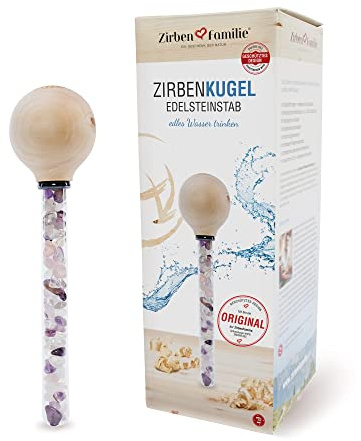 ZirbenFamilie® Original ZirbenKugel Edelsteinstab Set • Für Edelsteinwasser mit 3 Edelsteinen und Zirbenaroma• Kompatibel mit Zirben Familie Kristallglaskaraffe 1l, 26.8 x 7.4 cm