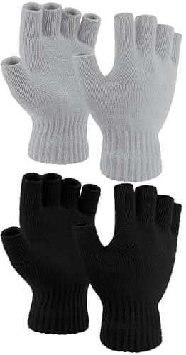 Cooraby 2 Paar verdickte Kaschmir-warme Halbfingerhandschuhe Winter gestrickte fingerlose Handschuhe für Damen und Herren, Schwarz, Grau, M