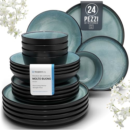 Steingut Geschirrset 6 Personen Ibiza 24 tlg. TESTSIEGER, Traumhaftes Mediterranes Steingut Geschirr Set, Schüssel- und Teller Set, Tafelservice 6 Personen, Geschirrsets Pure Living in Petrol