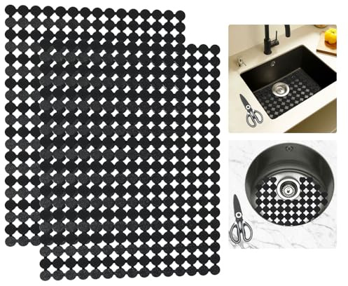 2 Stück Spülbeckenmatte mit Schere, PVC Zuschneidbar Spülbeckeneinlage, Abtropfmatte Spüle, Geschirr Abtropfmatte, Keramik/Edelstahl Spülbecken Schutzmatte, Küche Zubehör, 30 x 40cm (Dunkelschwarz)