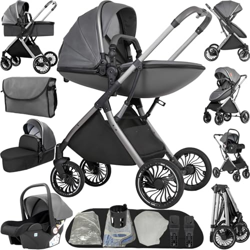 Magic ZC Kinderwagen 4 in 1, Kinderwagen mit Umkehrbarem Doppelschiebemodus, Buggy Großer Bequemer, Kombikinderwagen 4 in 1 Rahmen Aluminiumlegierung Hohe Landschaft (688 Deep Grey)