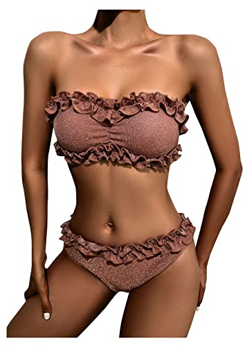 LOSSLO Bikini Damen Push Up,Zweiteilig Badeanzug Damen Sexy,Lace Up Bikini-Set Bandeau Padded Bikinioberteil Rüschen Tanga Glitzer Bademode Strandmode Tankini Bauchweg Swimsuit 2 Teilig